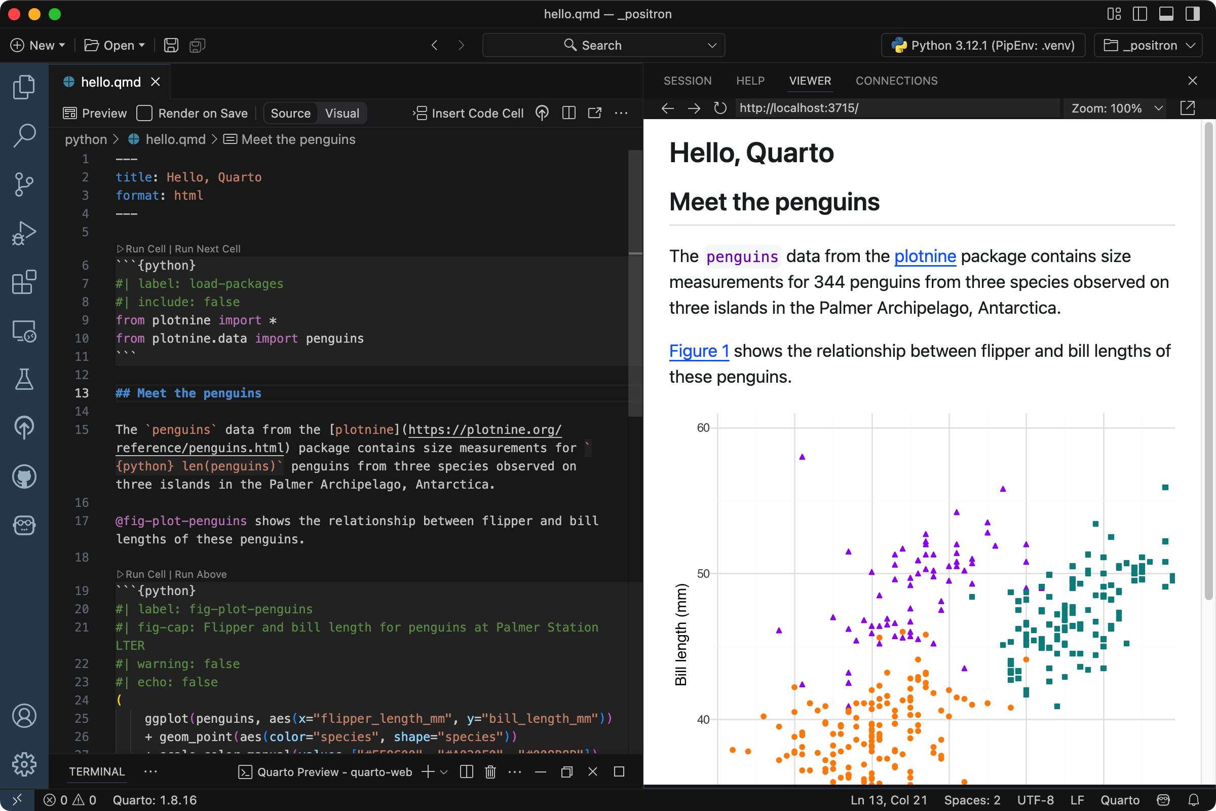 Screen shot of qmd file open in Positron with source markdown shown in Editor pane and a rendered document shown in the Viewer Pane.