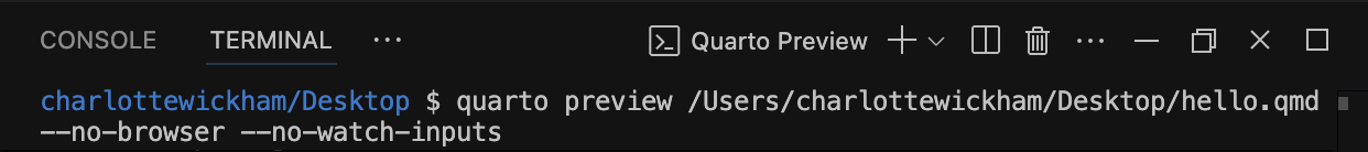 The Positron Terminal pane showing the command 'quarto preview hello.qmd'.