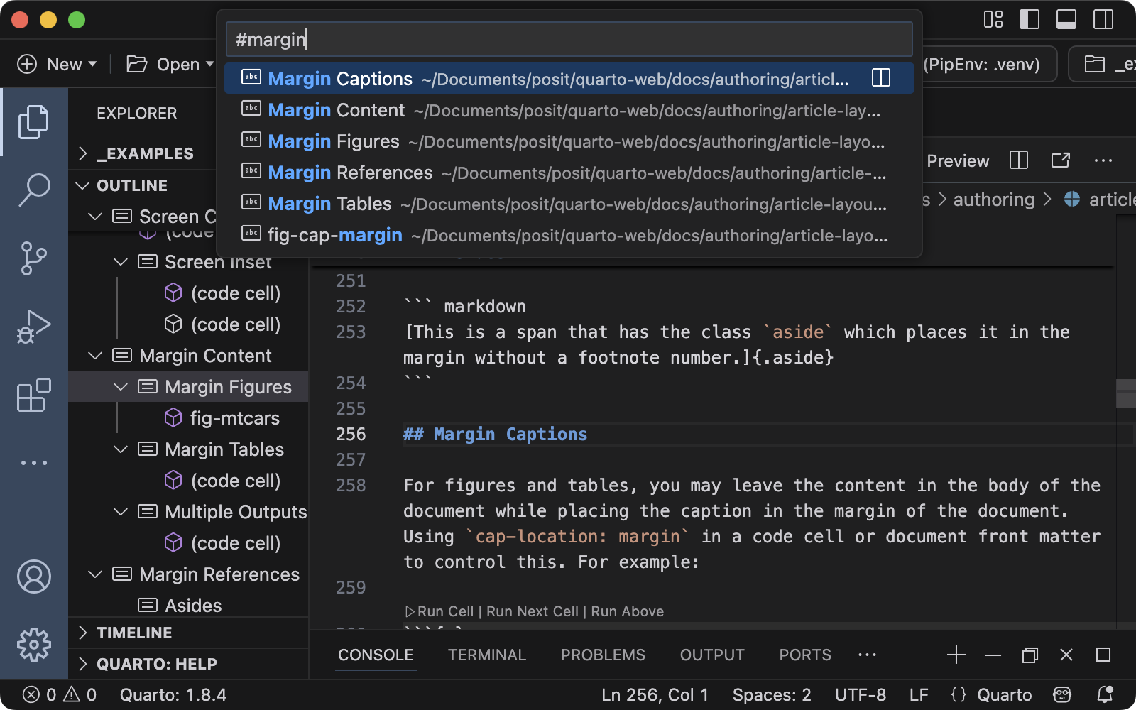 Quarto document in Positron with command palette open showing the files in the project with the entered term, 'margin'.